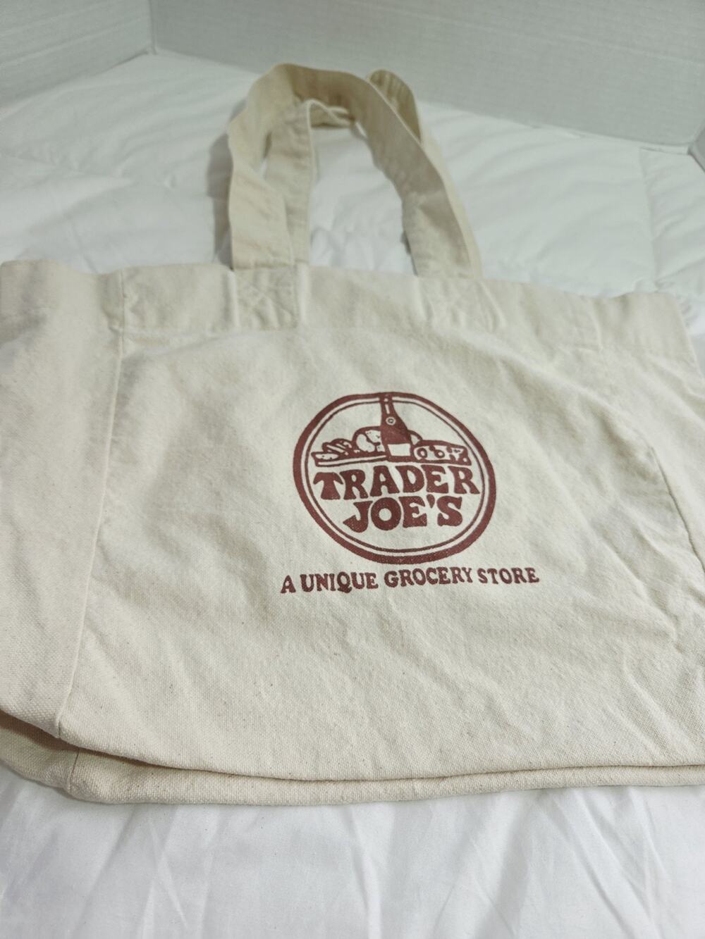 Vtg Trader Joe's Rare Double Handle Cotton Logo Tote Bag Reusable beige Clean